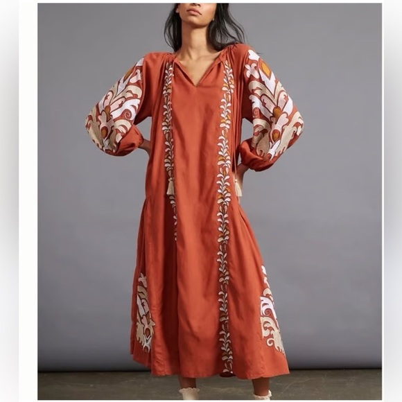 Anthropologie Boho Embroidered Rust Midi Dress | Puff Sleeve Ethnic Folk Style M - Picture 2 of 9